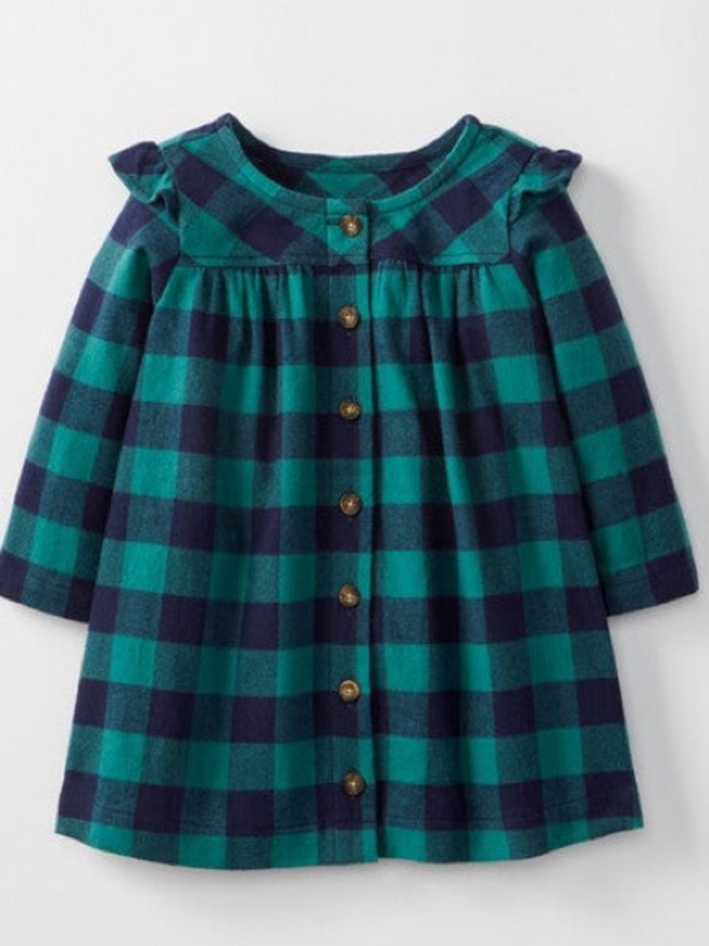 Hanna Andersson Green & Navy Buffalo Plaid Flannel Button-Down Dress. Size 6-12